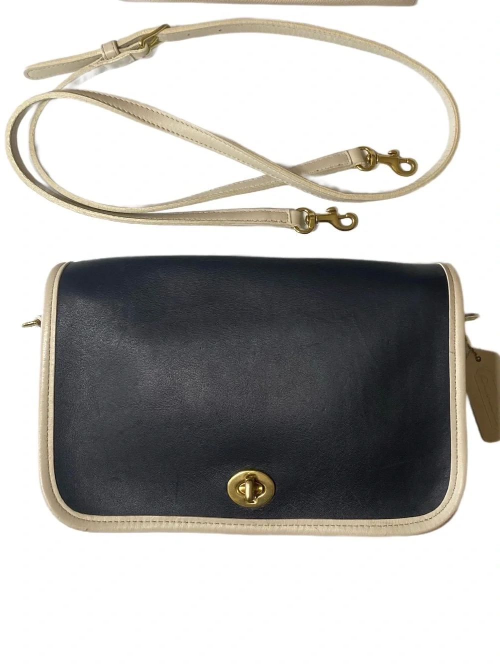 Vintage Coach With Spectator Pocket Purse Navy Blue Parchment White #9668 Rare